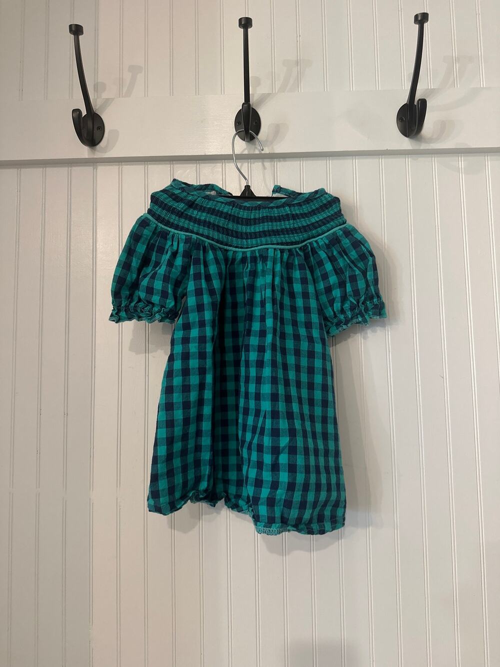 Abby & Evie Girls Size 2Y Gingham Smocked Off Shoulder Top Puff Sleeve Teal Blue